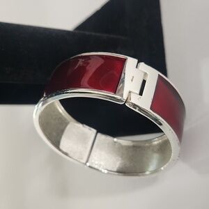 Silver & Deep Red Merlot Enamel Hinge Bangle Bracelet – Modern Statement Cuff
